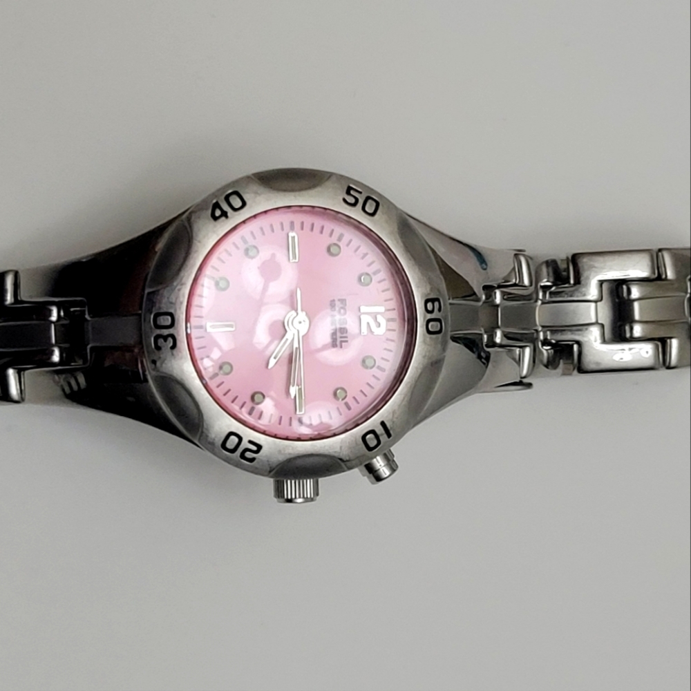 Fossil Blue Ladies Watch Silver Tone Band Pink Face New Battery
